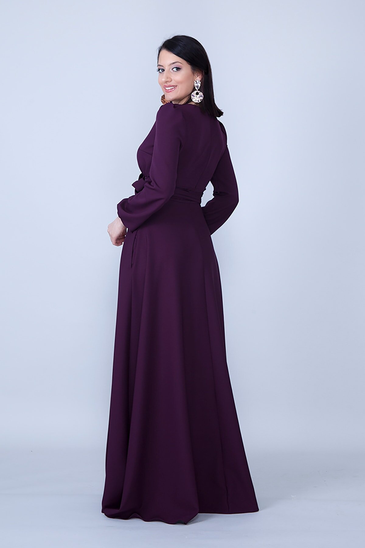 Maxi Long Sleeve Gathered Waist Belted Modest Evening Dress - Plum - Bidoluelbise