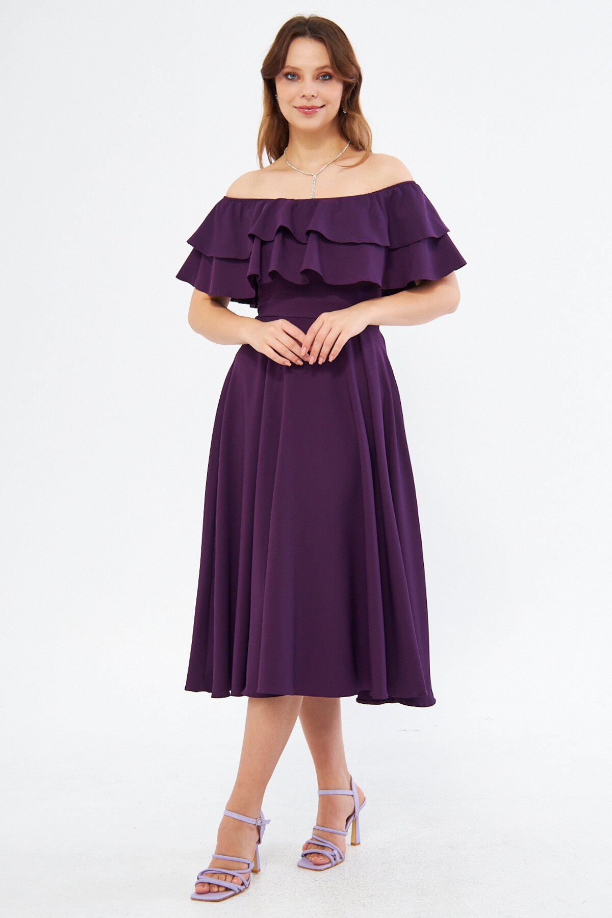 Midi Flowy Drop Shoulder Ruffle Neck Dress - Plum - Bidoluelbise