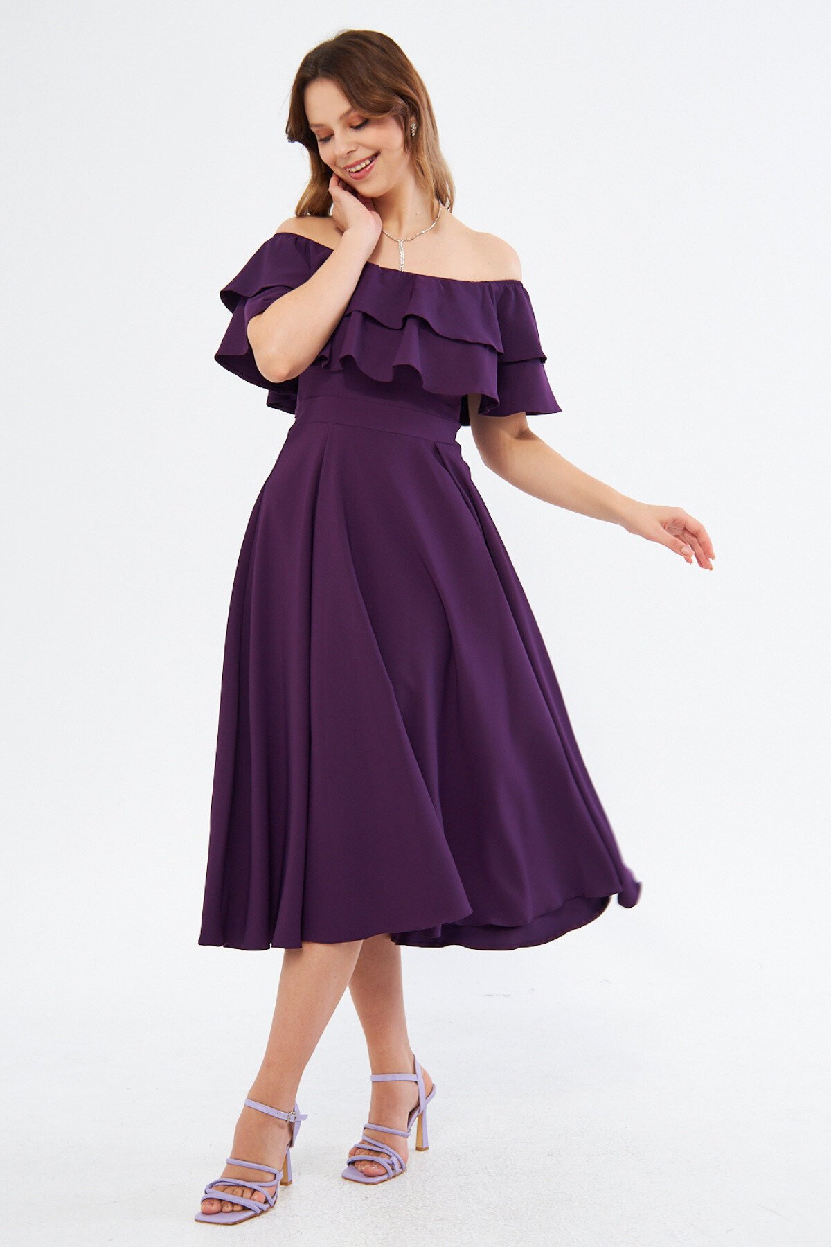 Midi Flowy Drop Shoulder Ruffle Neck Dress - Plum - Bidoluelbise