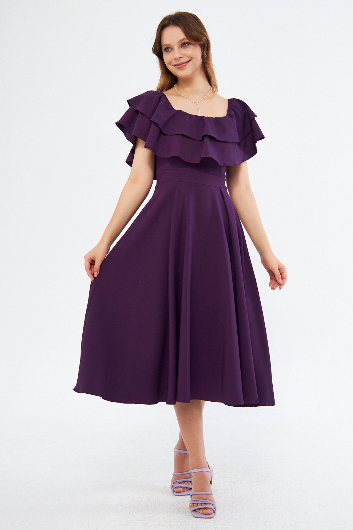Midi Flowy Drop Shoulder Ruffle Neck Dress - Plum - Bidoluelbise