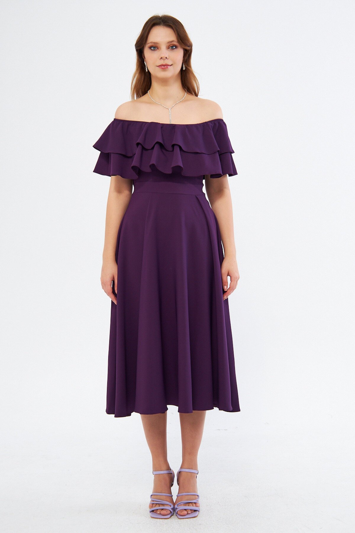 Midi Flowy Drop Shoulder Ruffle Neck Dress - Plum - Bidoluelbise