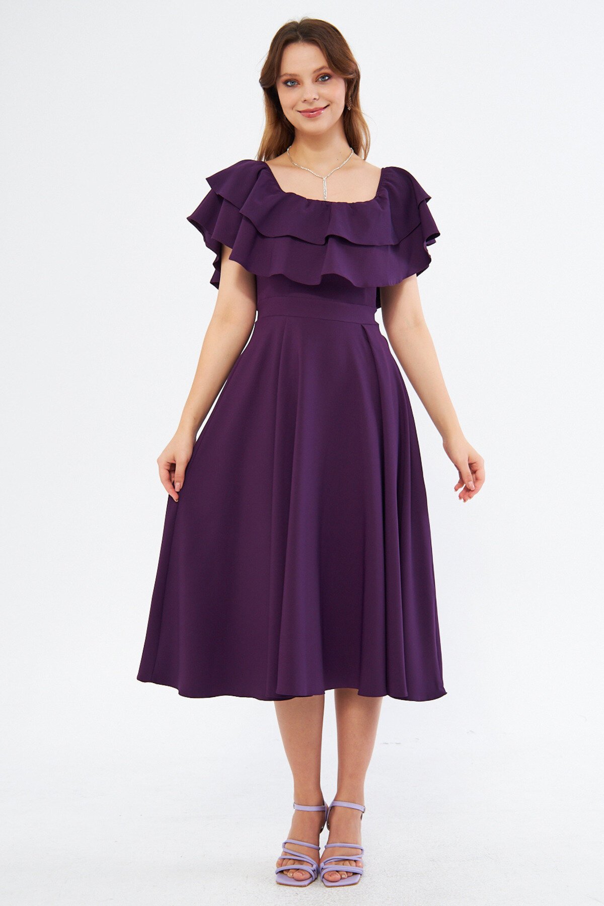 Midi Flowy Drop Shoulder Ruffle Neck Dress - Plum - Bidoluelbise