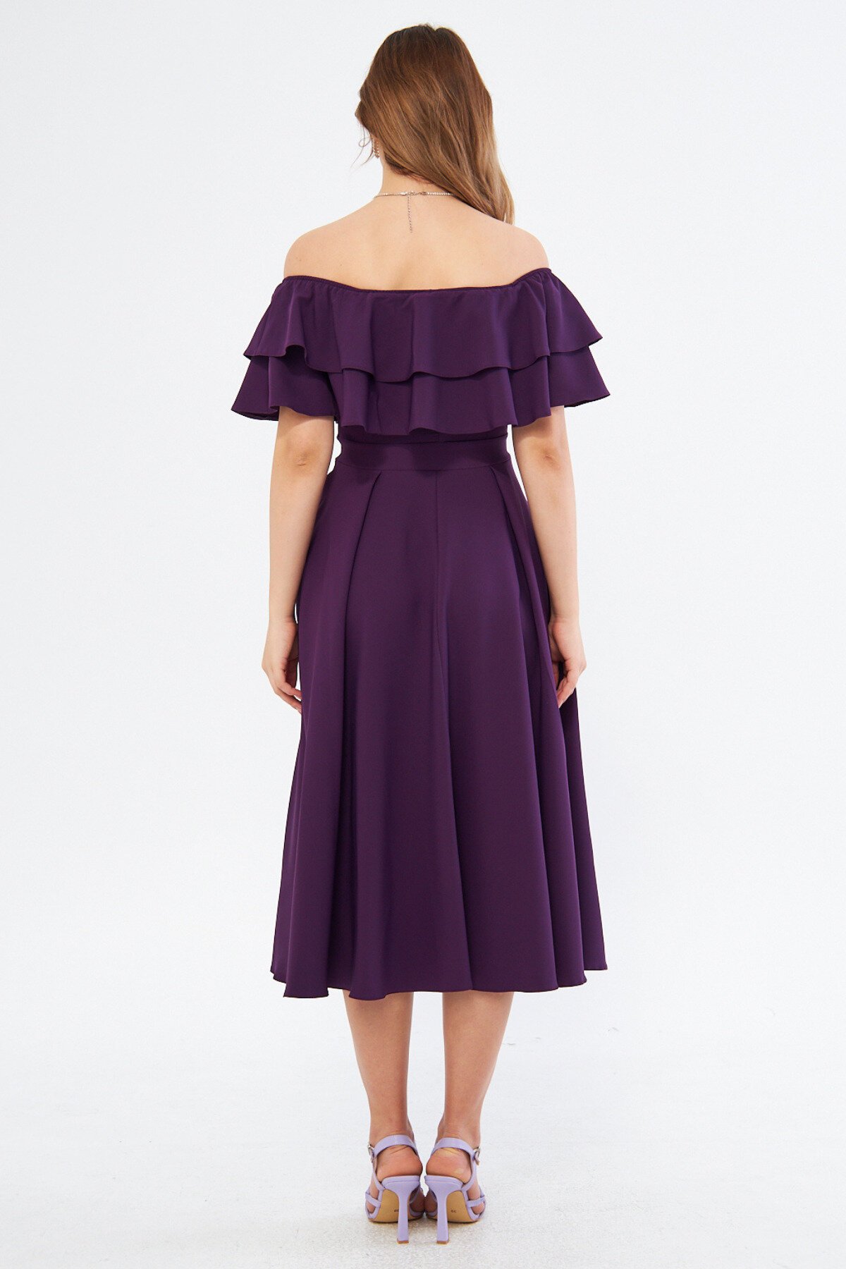 Midi Flowy Drop Shoulder Ruffle Neck Dress - Plum - Bidoluelbise