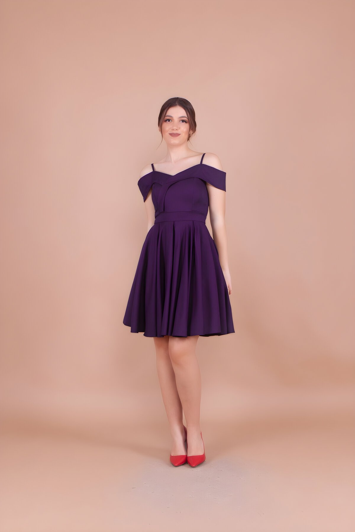 Mini Pleated Strappy Off-Shoulder Evening Dress - Plum - Bidoluelbise