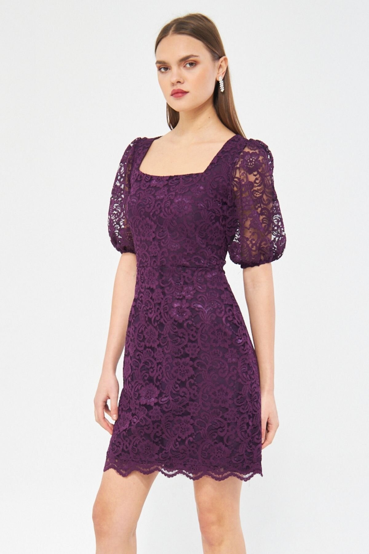 Mürdüm Mini Fransız Dantel Balon Kol Kare Yaka Abiye Elbise - Bidoluelbise