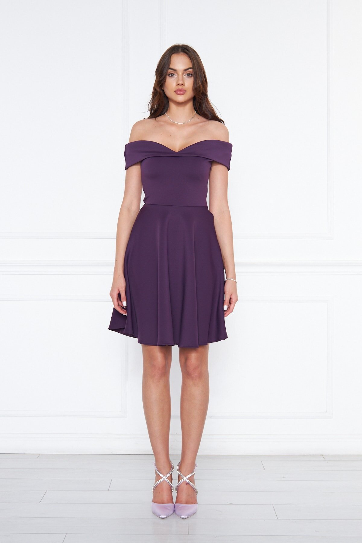 Mini Flared Scuba Off-Shoulder Sweetheart Neck Evening Dress - Plum - Bidoluelbise