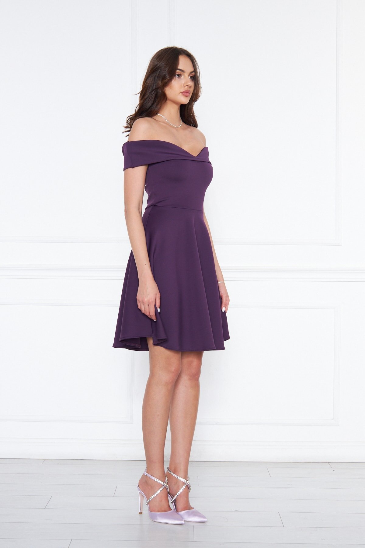 Mini Flared Scuba Off-Shoulder Sweetheart Neck Evening Dress - Plum - Bidoluelbise