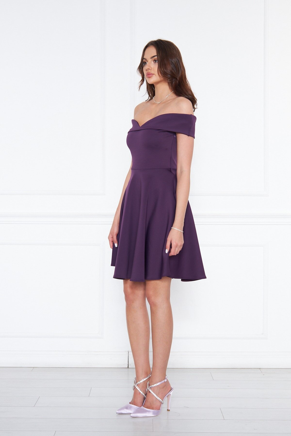 Mini Flared Scuba Off-Shoulder Sweetheart Neck Evening Dress - Plum - Bidoluelbise