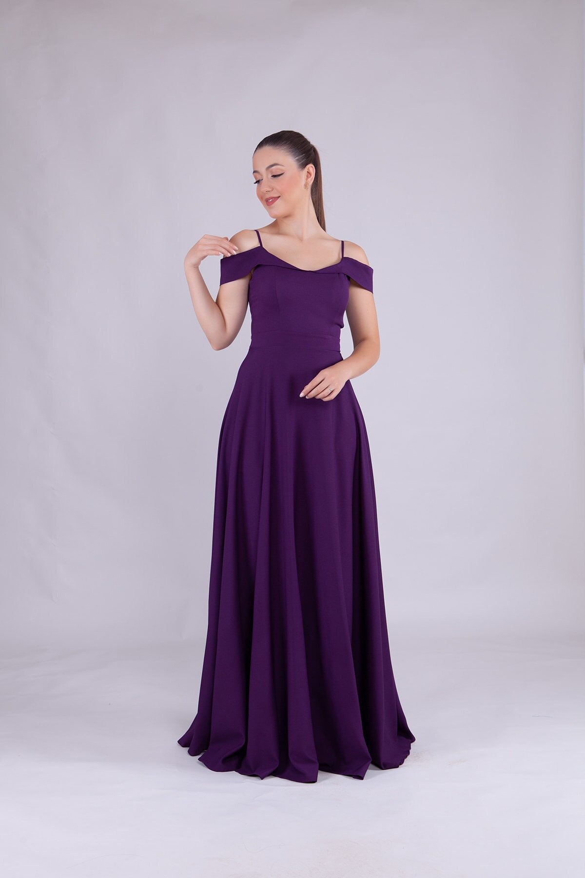 Long Strapped Shoulder Detail Evening Dress - Plum - Bidoluelbise