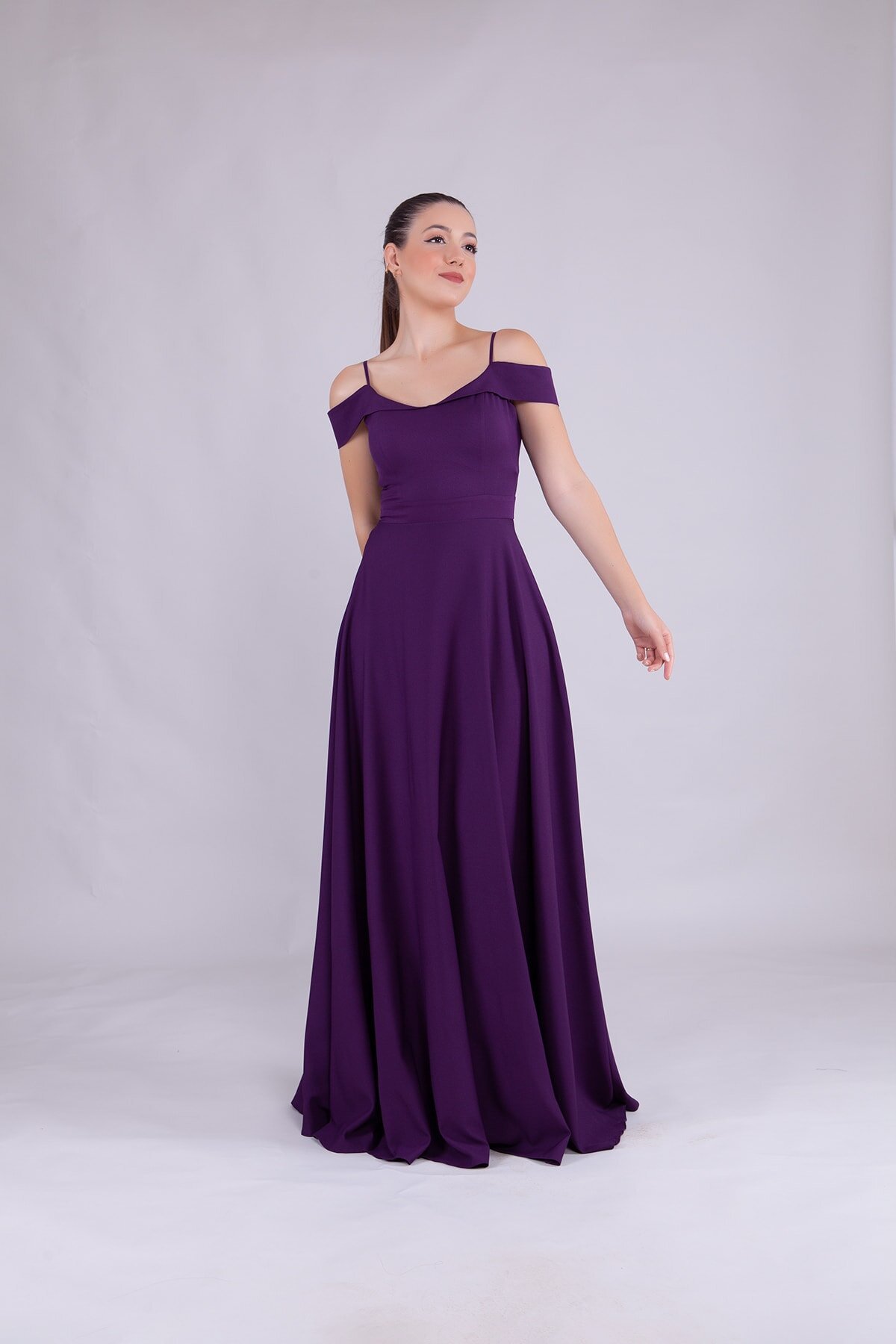 Long Strapped Shoulder Detail Evening Dress - Plum - Bidoluelbise