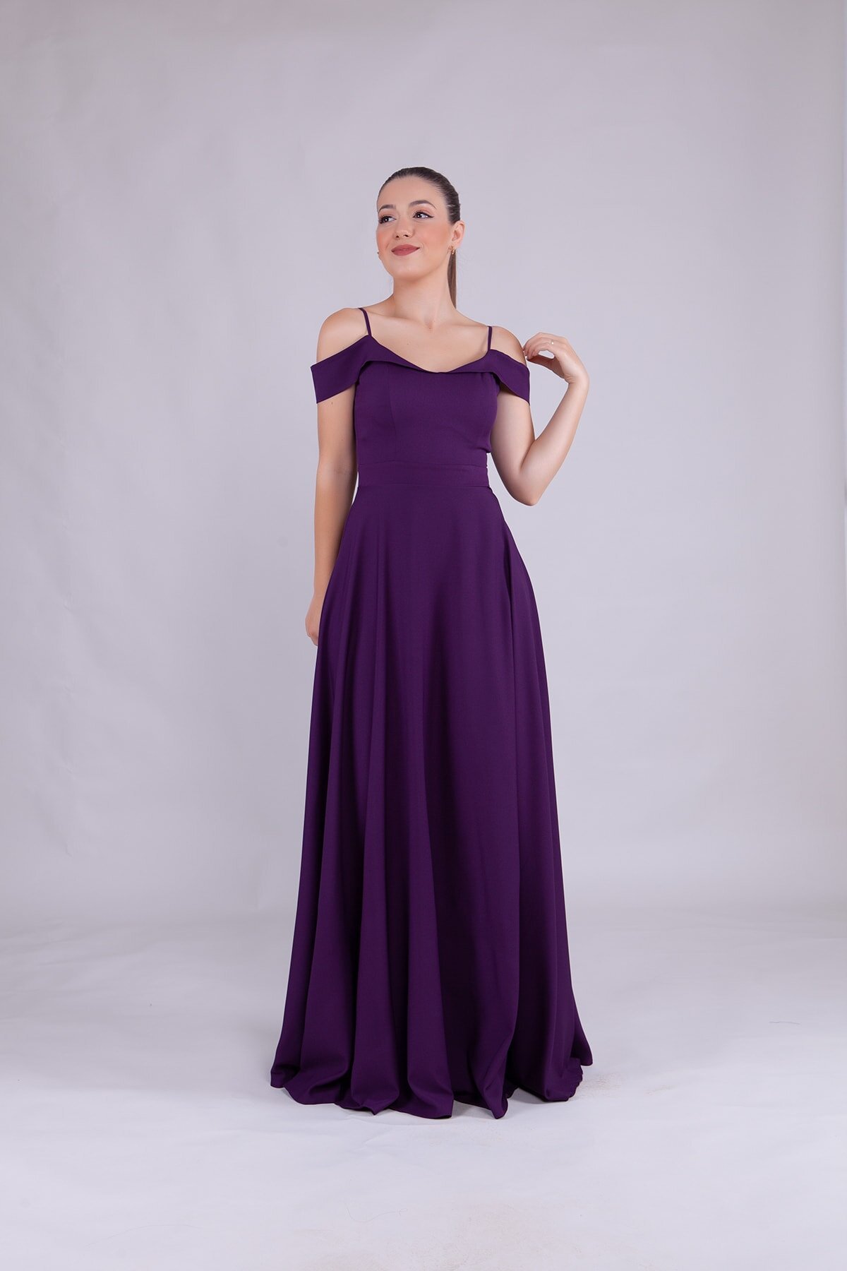 Long Strapped Shoulder Detail Evening Dress - Plum - Bidoluelbise