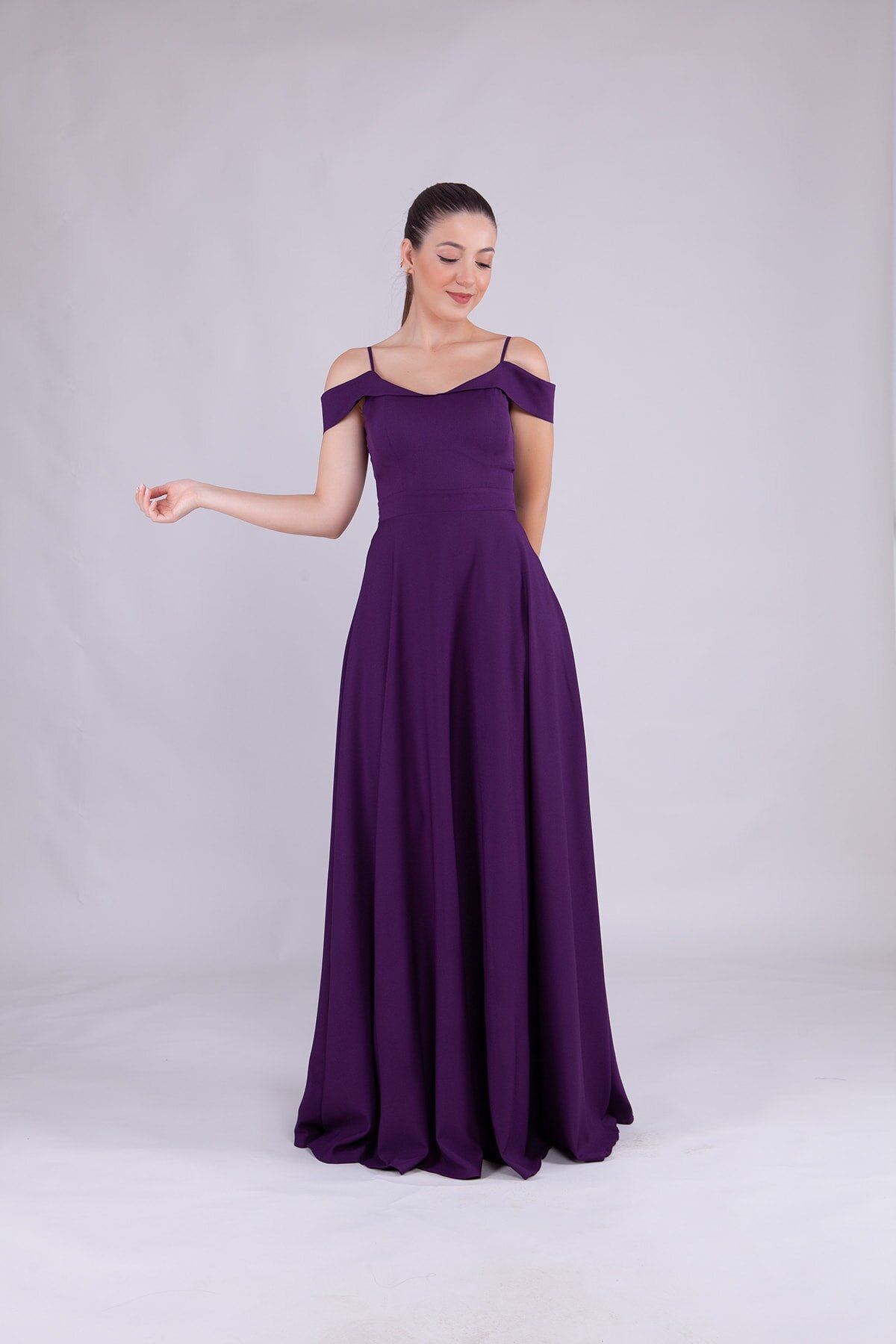 Long Strapped Shoulder Detail Evening Dress - Plum - Bidoluelbise