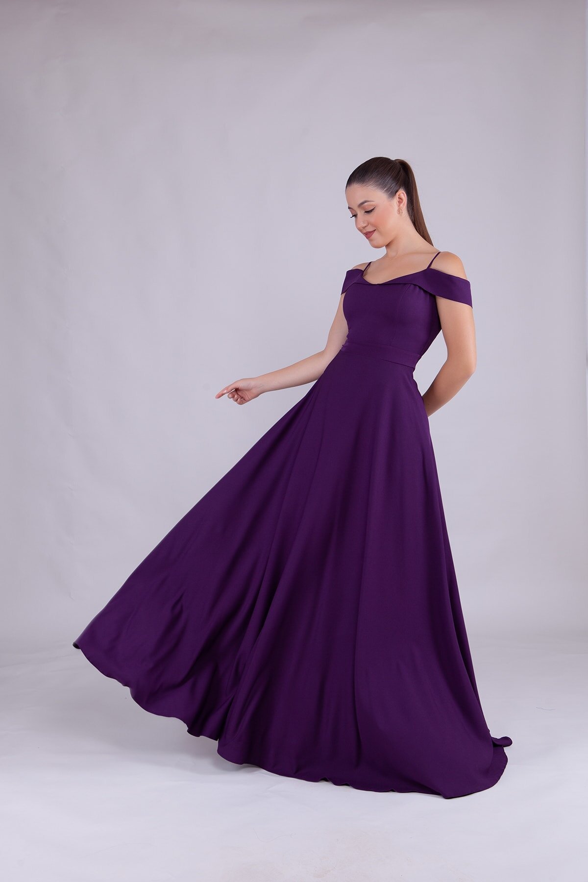 Long Strapped Shoulder Detail Evening Dress - Plum - Bidoluelbise