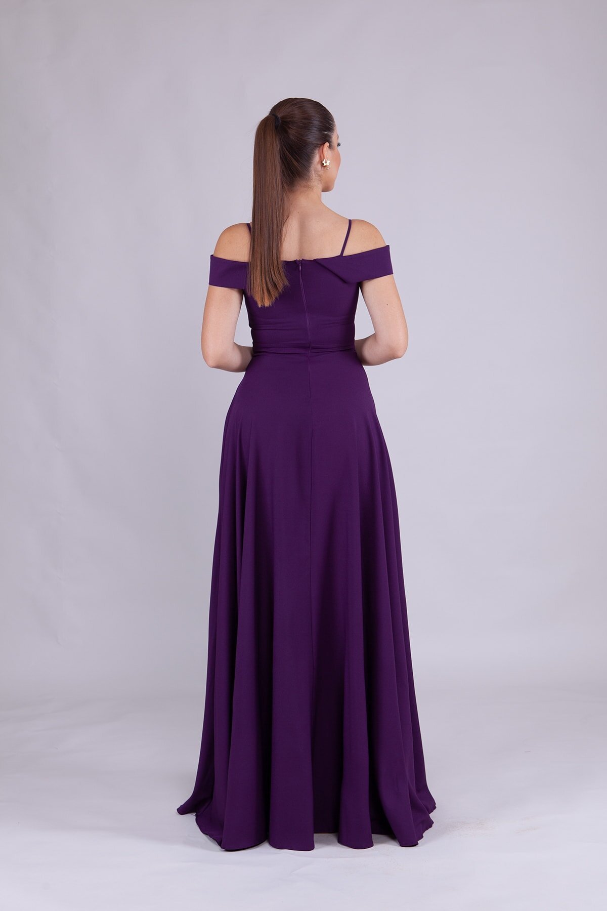 Long Strapped Shoulder Detail Evening Dress - Plum - Bidoluelbise