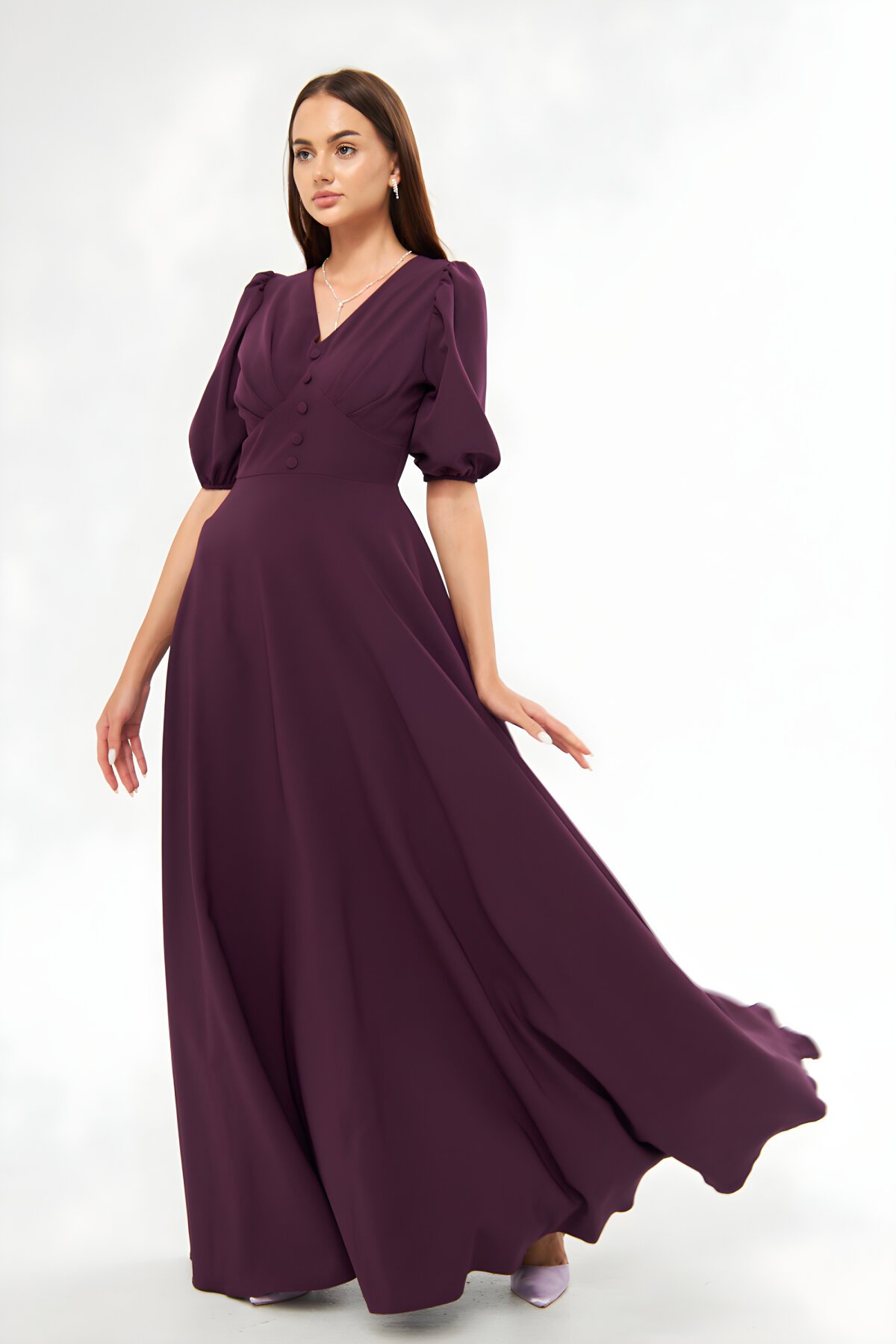 Long V-Neck Balloon Sleeve Corset Belt Detail Evening Dress - Plum - Bidoluelbise