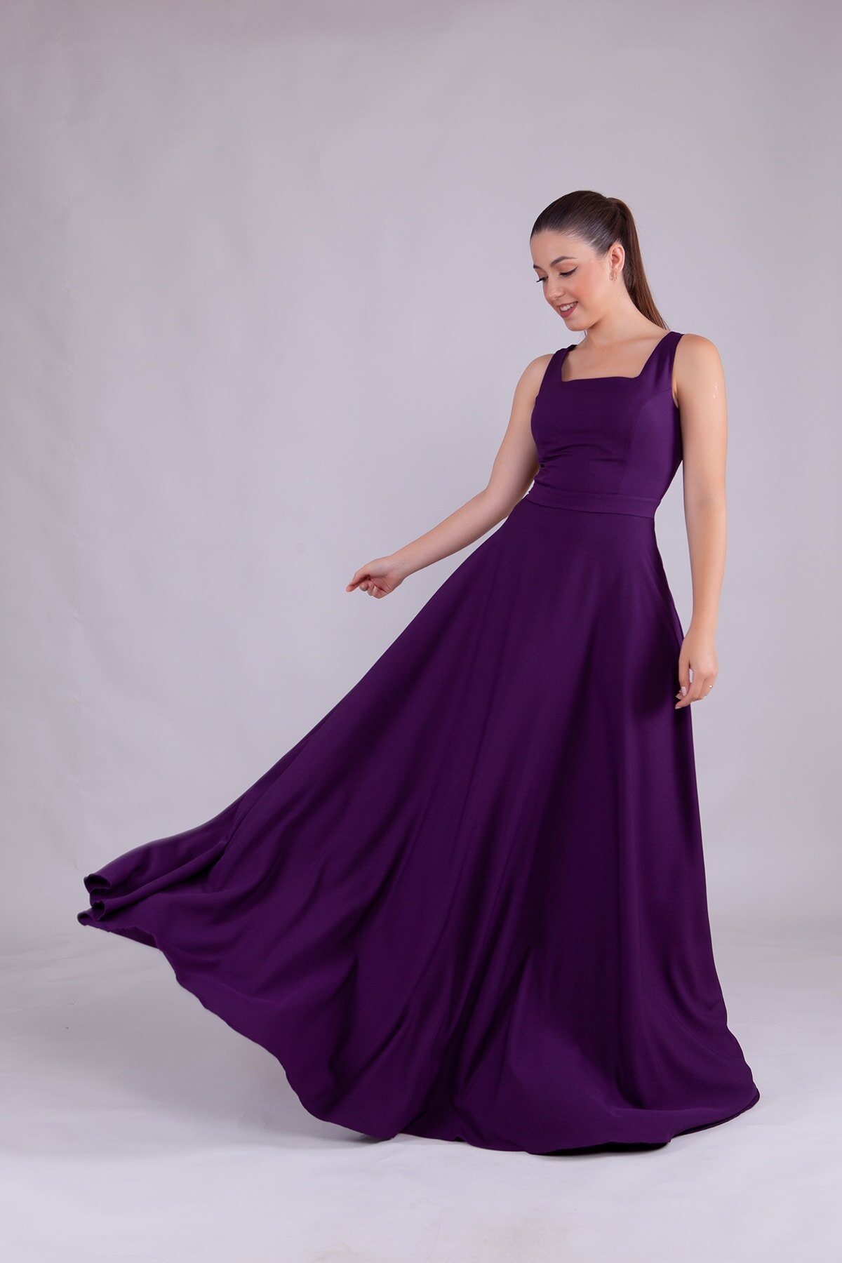 Mürdüm Uzun Kare Yaka Abiye Elbise - Bidoluelbise