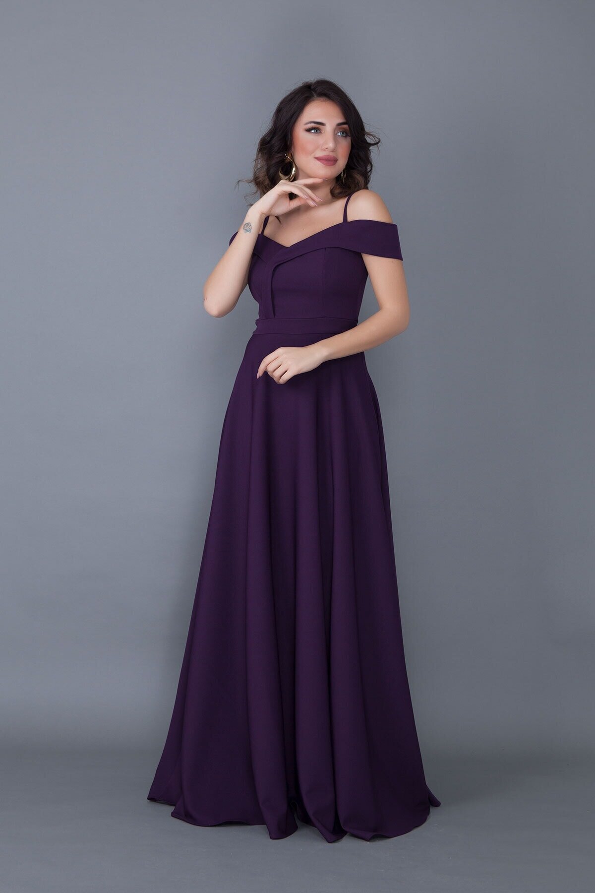 Long Flared Strappy Off-Shoulder Engagement Evening Dress - Plum - Bidoluelbise