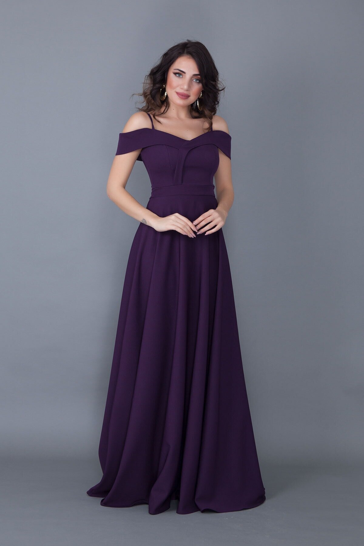 Long Flared Strappy Off-Shoulder Engagement Evening Dress - Plum - Bidoluelbise