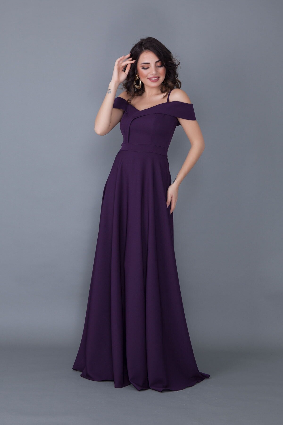 Long Flared Strappy Off-Shoulder Engagement Evening Dress - Plum - Bidoluelbise