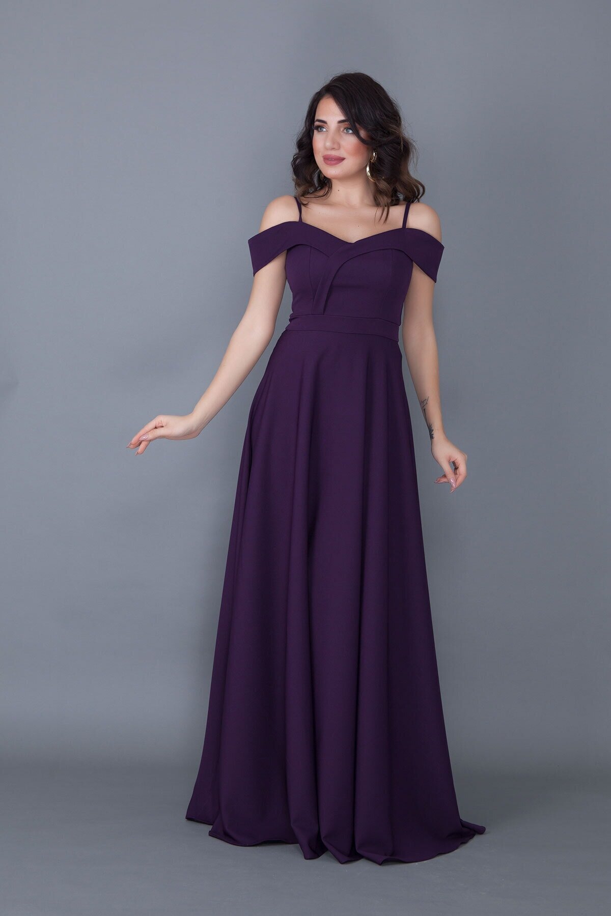 Long Flared Strappy Off-Shoulder Engagement Evening Dress - Plum - Bidoluelbise