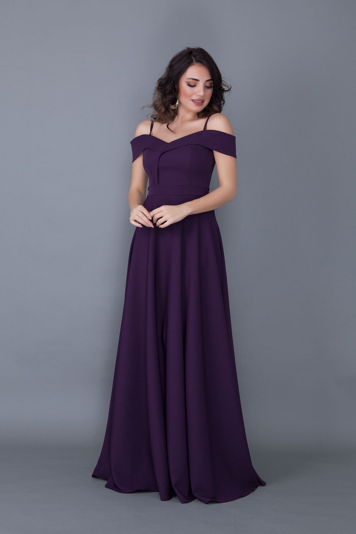 Long Flared Strappy Off-Shoulder Engagement Evening Dress - Plum - Bidoluelbise