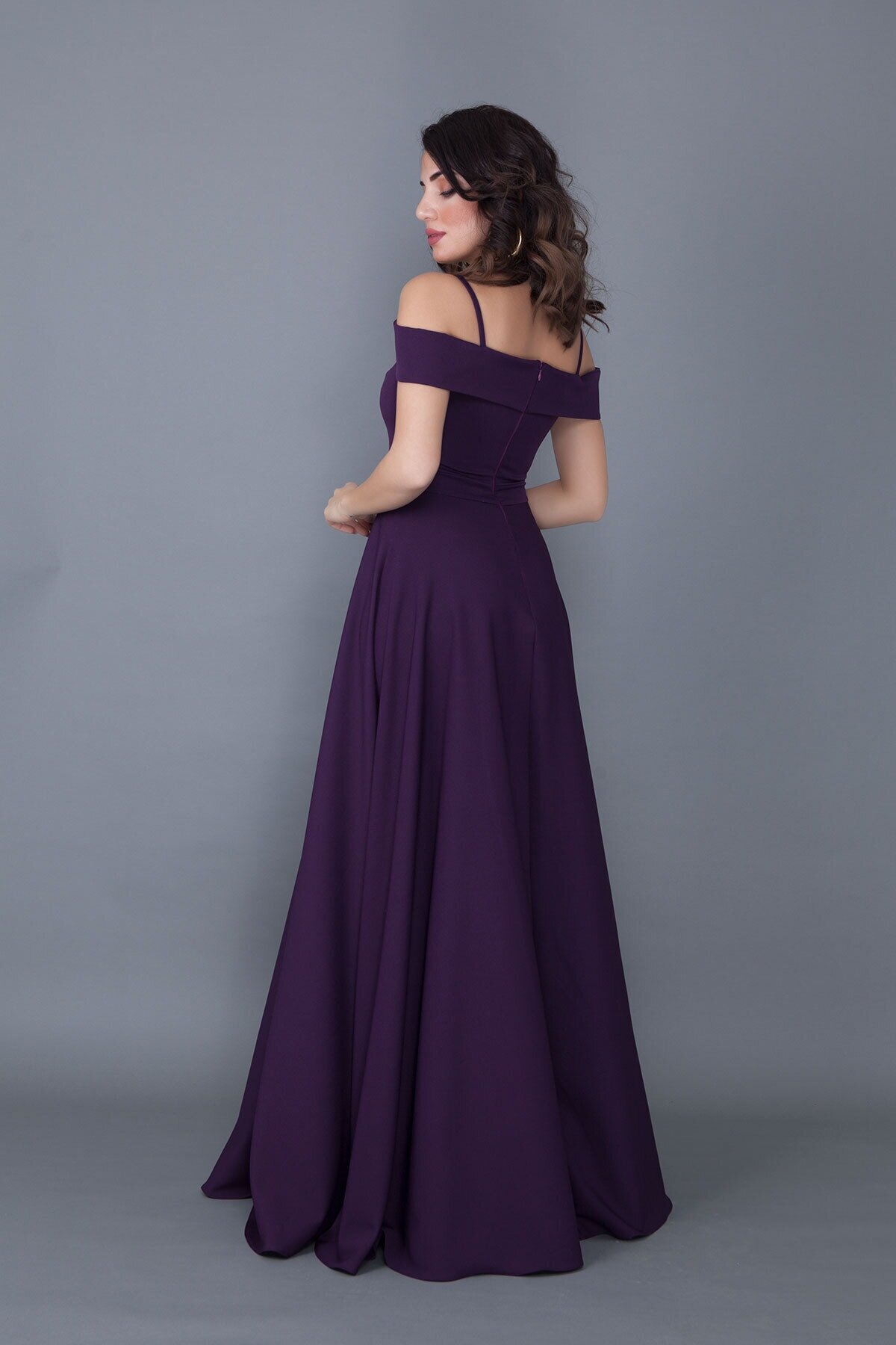 Long Flared Strappy Off-Shoulder Engagement Evening Dress - Plum - Bidoluelbise