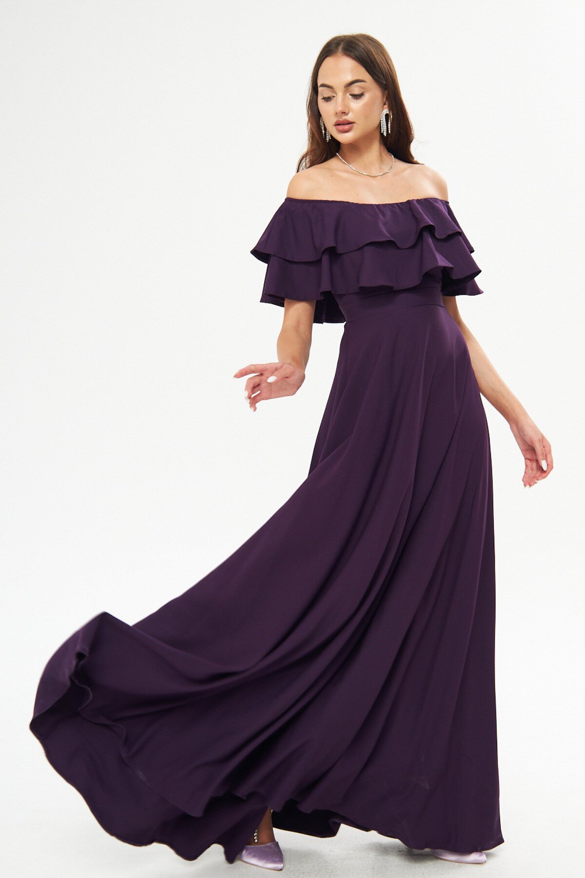 Mürdüm Uzun Kloş Düşük Omuz Çift Kat Fırfır Detay Abiye Elbise - Bidoluelbise