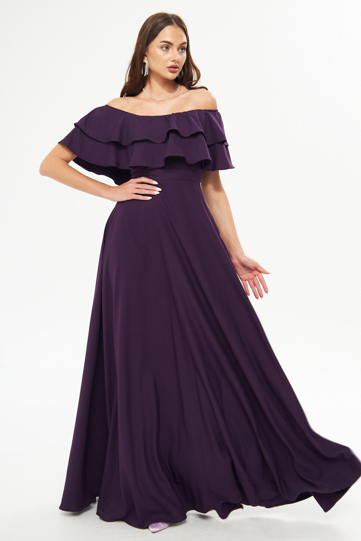 Long Flared Off-the-Shoulder Double Layer Ruffle Detail Evening Dress - Plum - Bidoluelbise