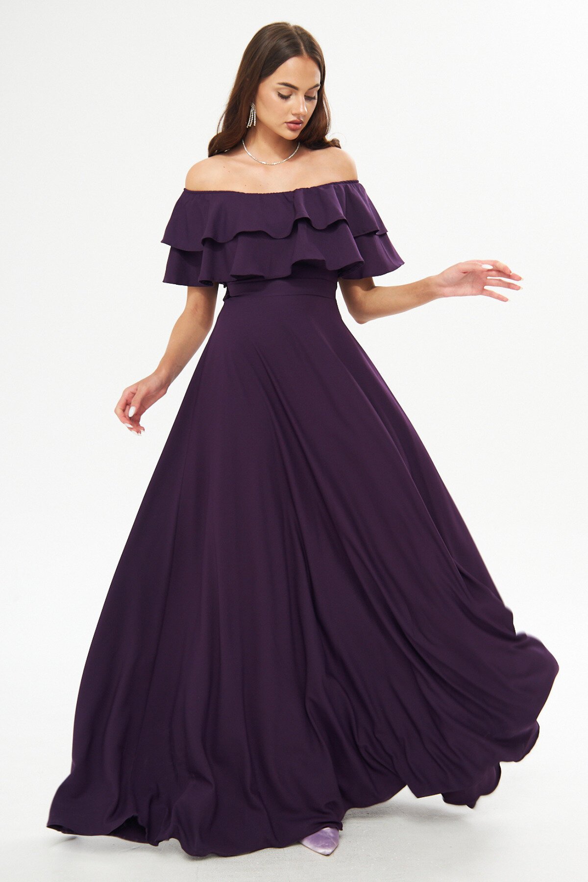 Long Flared Off-the-Shoulder Double Layer Ruffle Detail Evening Dress - Plum - Bidoluelbise