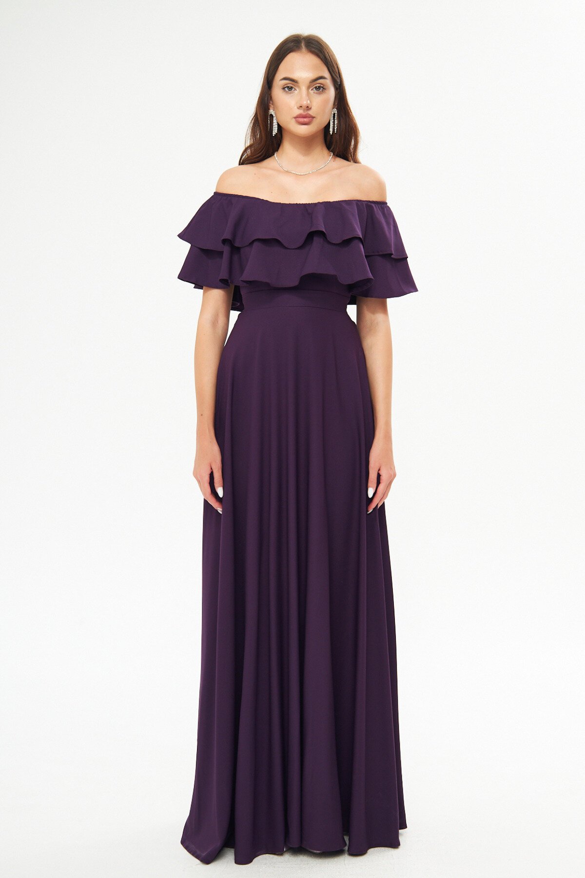 Long Flared Off-the-Shoulder Double Layer Ruffle Detail Evening Dress - Plum - Bidoluelbise