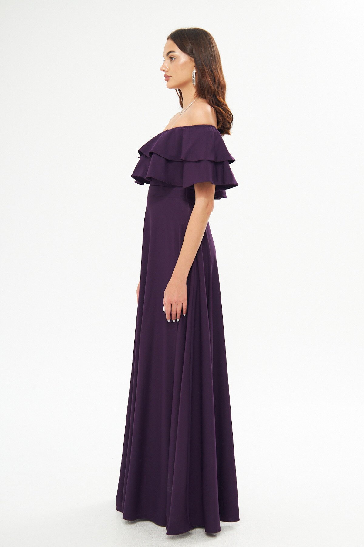 Long Flared Off-the-Shoulder Double Layer Ruffle Detail Evening Dress - Plum - Bidoluelbise