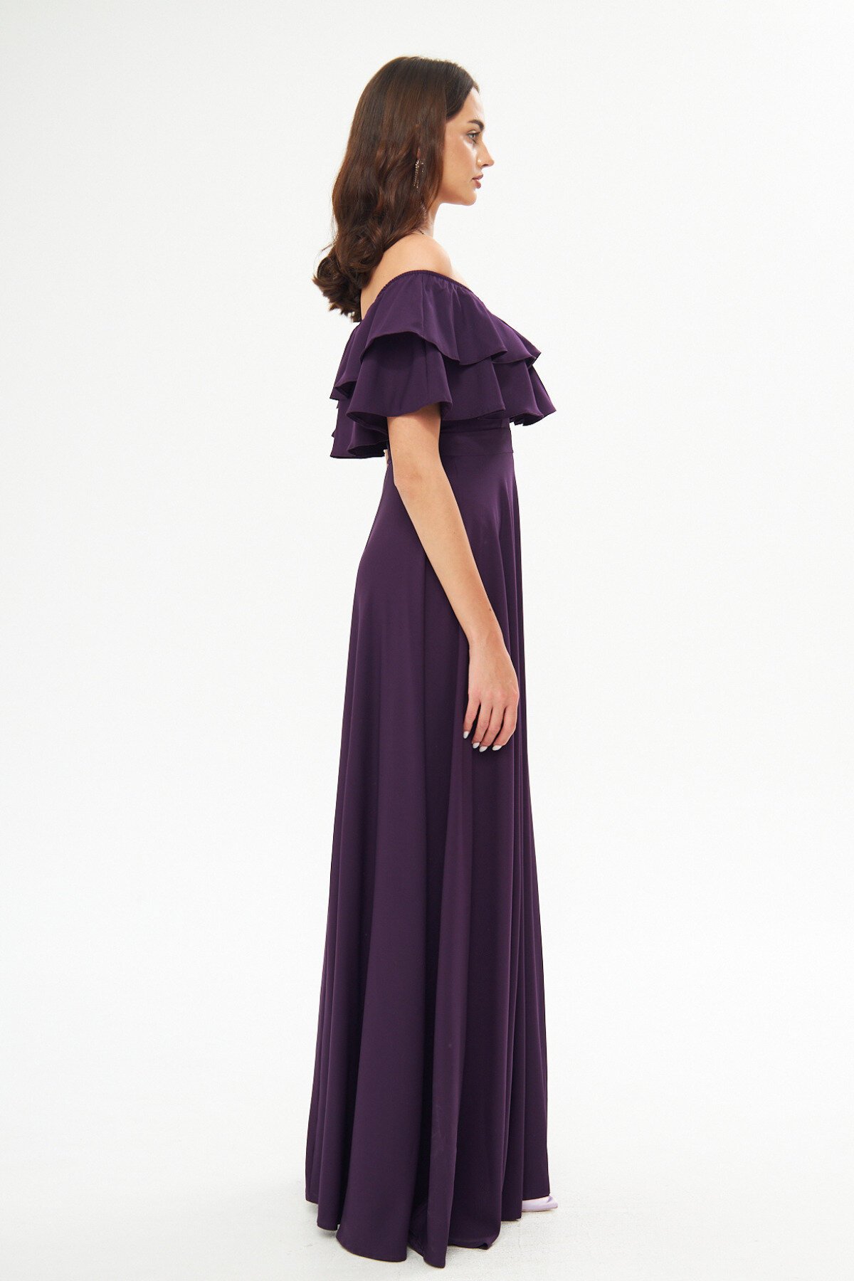 Long Flared Off-the-Shoulder Double Layer Ruffle Detail Evening Dress - Plum - Bidoluelbise
