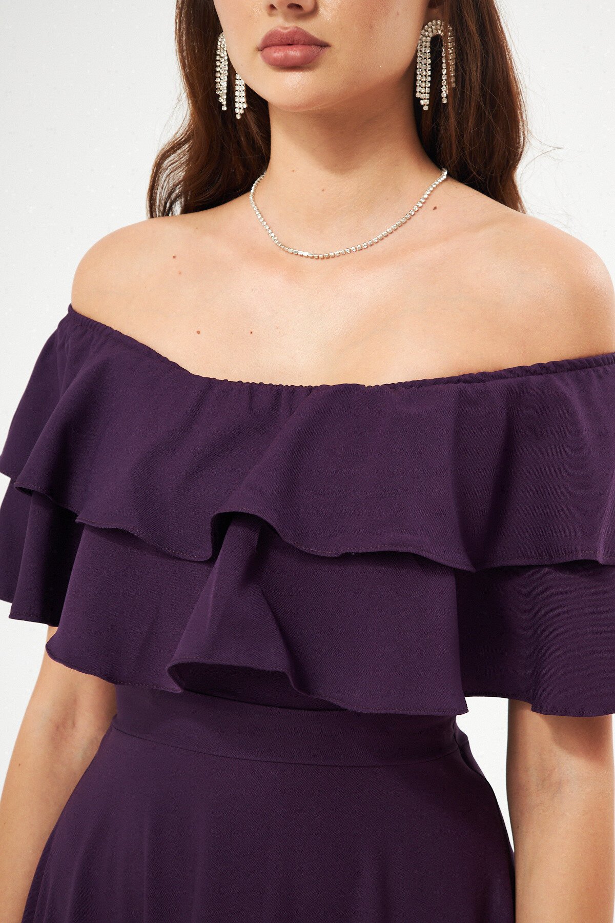 Long Flared Off-the-Shoulder Double Layer Ruffle Detail Evening Dress - Plum - Bidoluelbise