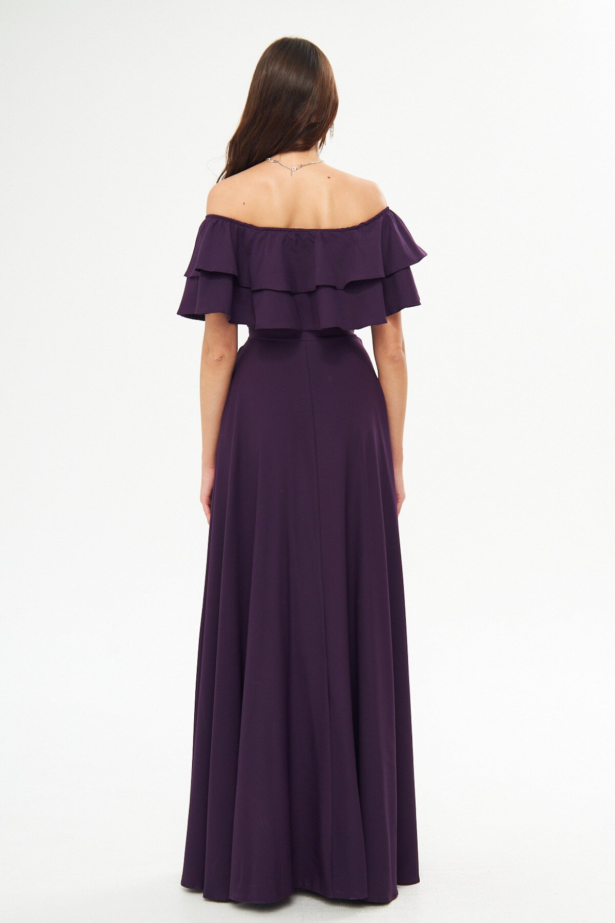 Long Flared Off-the-Shoulder Double Layer Ruffle Detail Evening Dress - Plum - Bidoluelbise