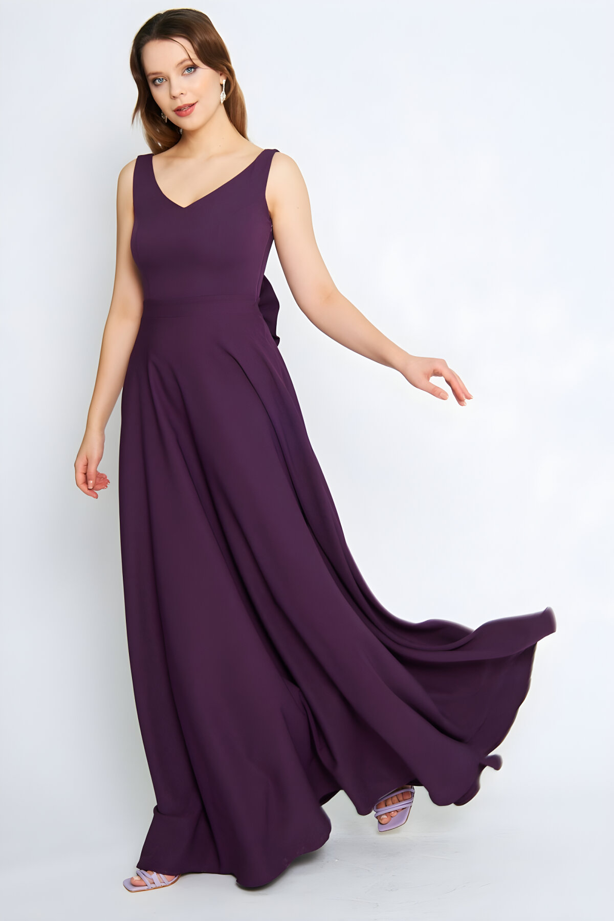 Long Flared V-Neck Back-Bow Detail Evening Dress - Plum - Bidoluelbise