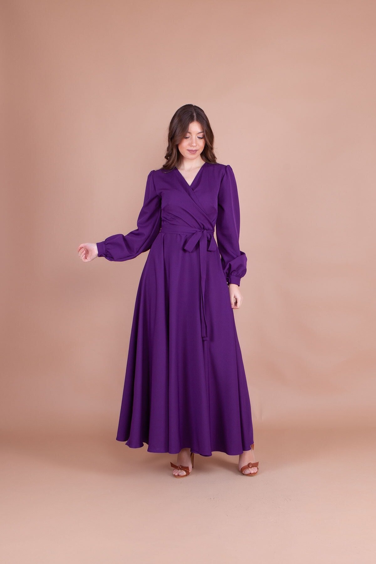 Long Belted Wrap-Neck Dress - Plum - Bidoluelbise