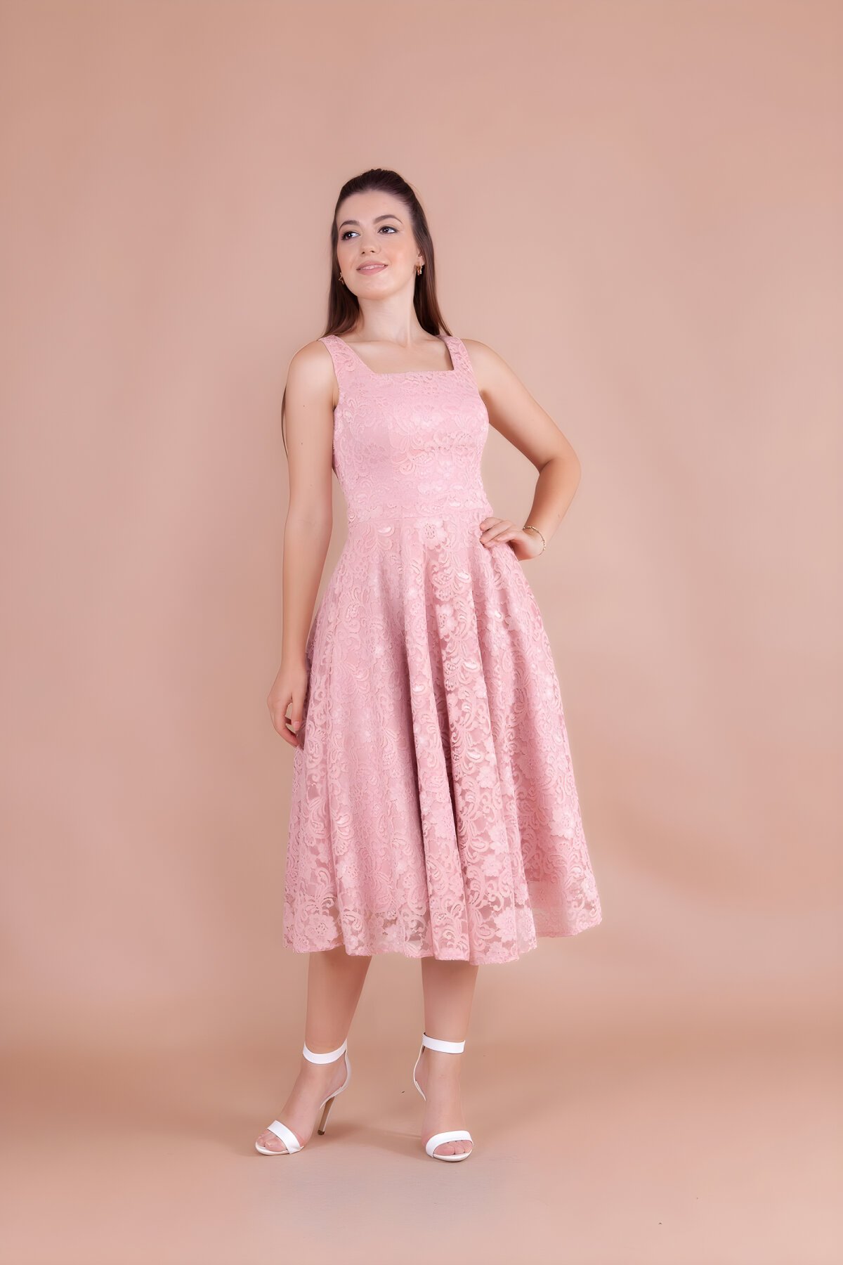 Midi French Lace Square Neck Thick Strap Evening Dress - Powder Pink - Bidoluelbise