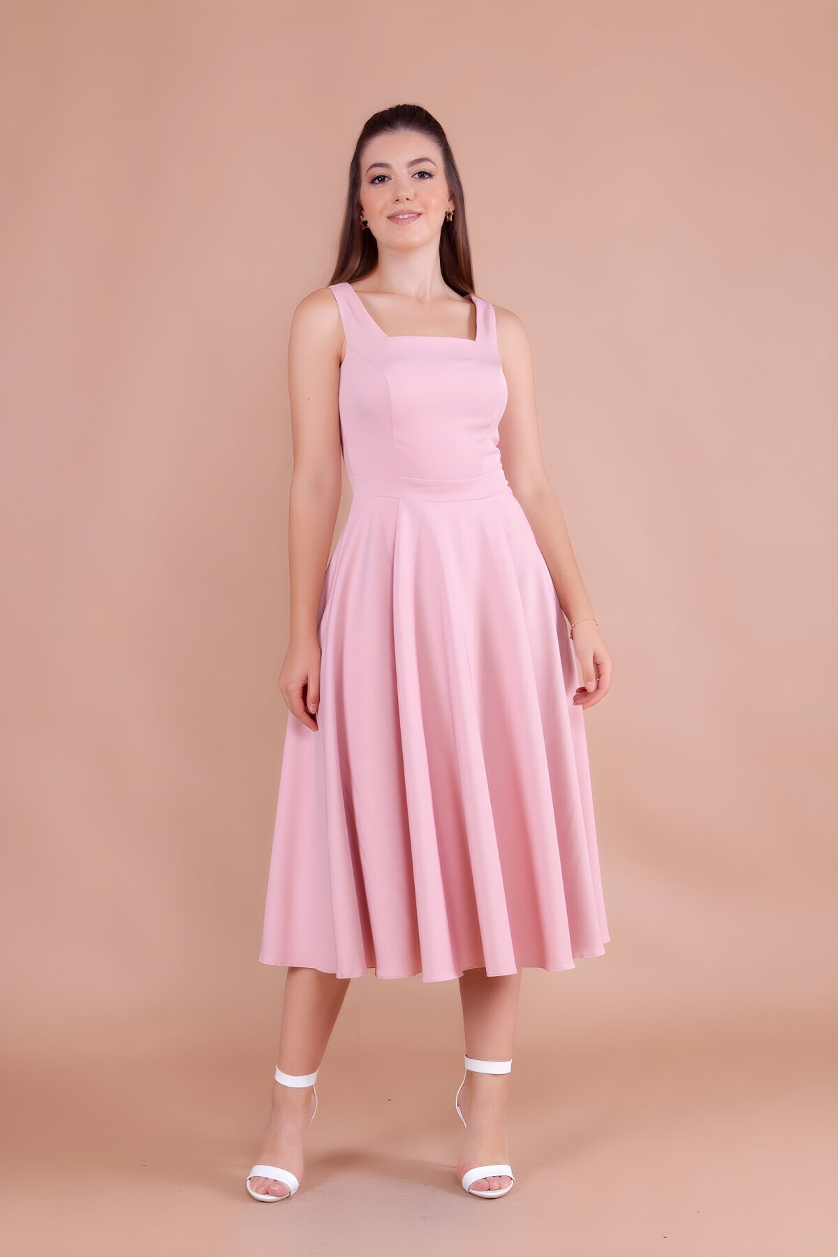 Midi Square Neck Dress - Dusty Pink - Bidoluelbise