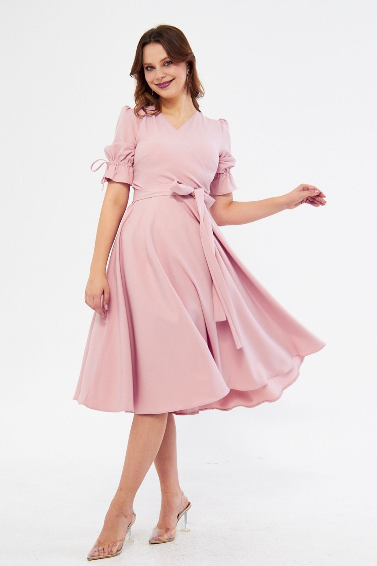 Midi Ruched Belted Wrap Neck Dress - Powder Pink - Bidoluelbise