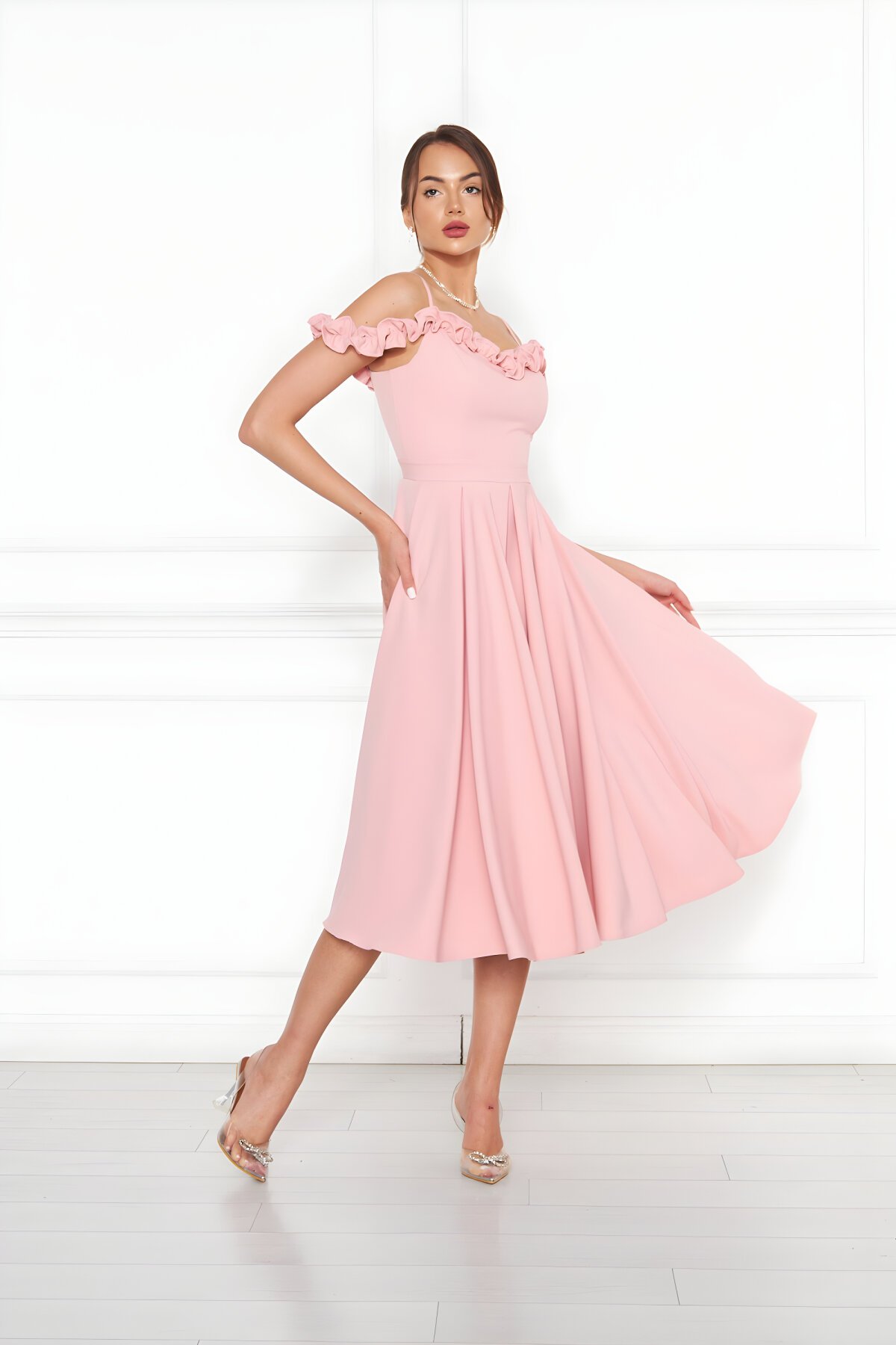 Midi Flared Pleated Adjustable Strap Ruffle Evening Dress - Powder Pink - Bidoluelbise