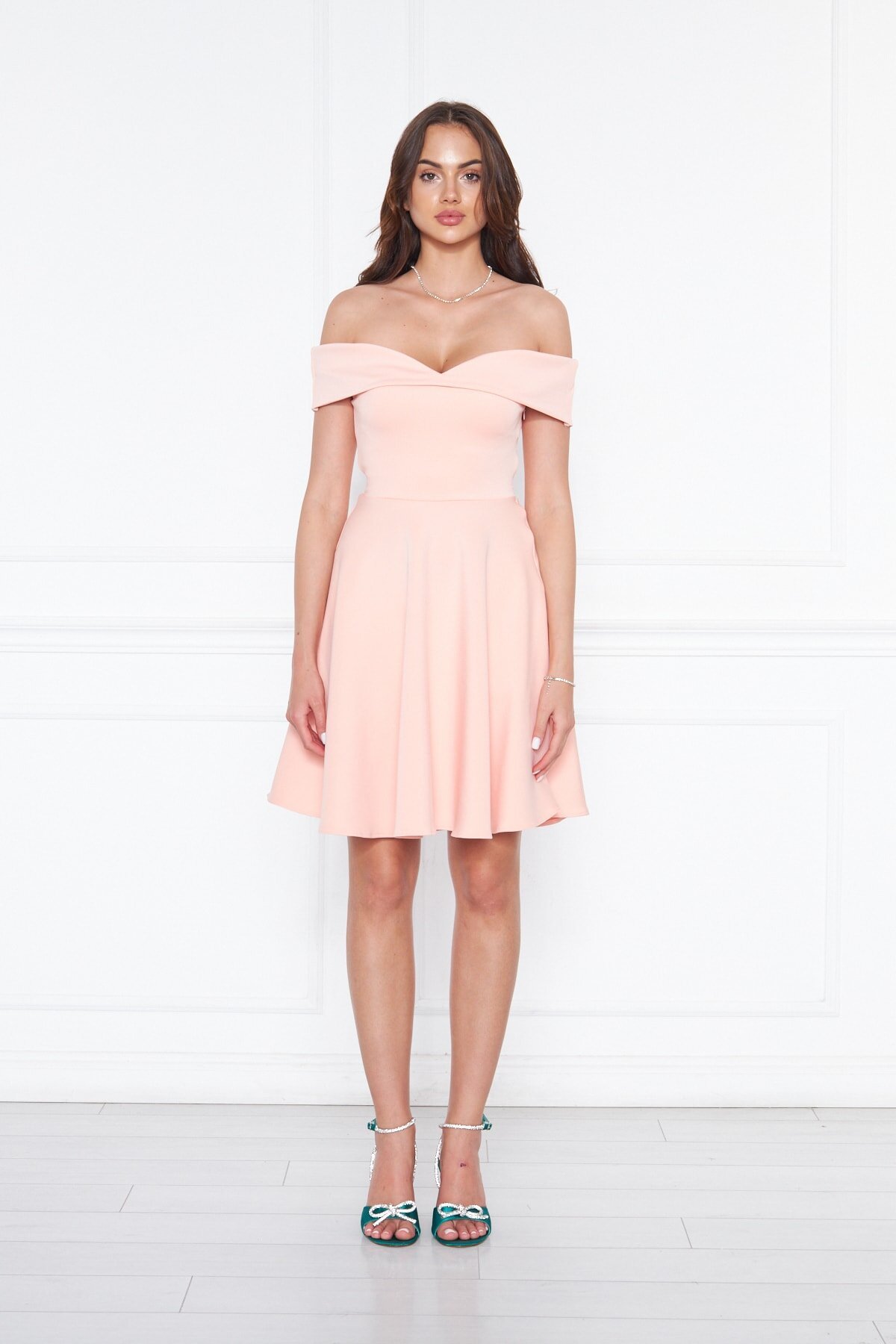 Mini Flared Drop Shoulder Scuba Sweetheart Neck Evening Dress - Powder - Bidoluelbise
