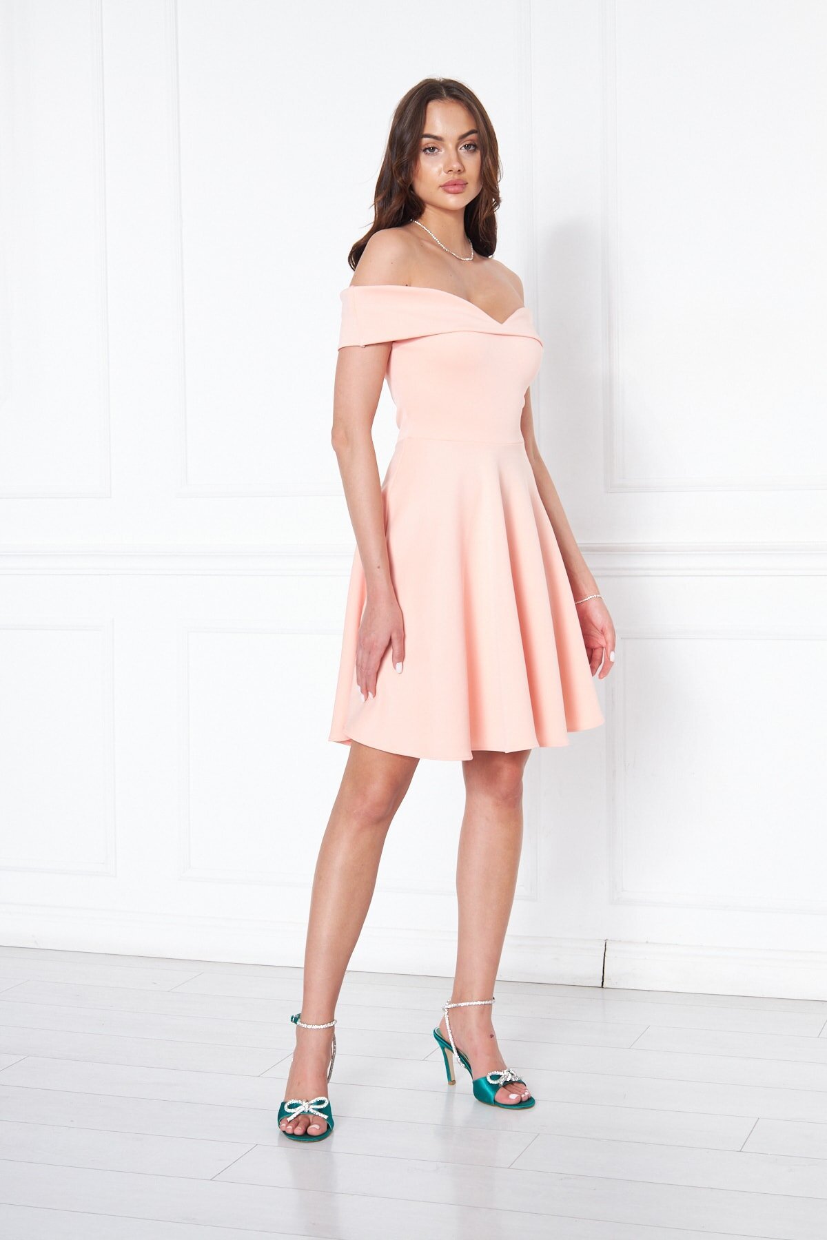 Mini Flared Drop Shoulder Scuba Sweetheart Neck Evening Dress - Powder - Bidoluelbise