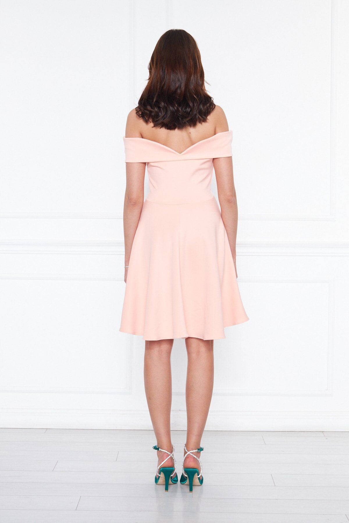 Mini Flared Drop Shoulder Scuba Sweetheart Neck Evening Dress - Powder - Bidoluelbise