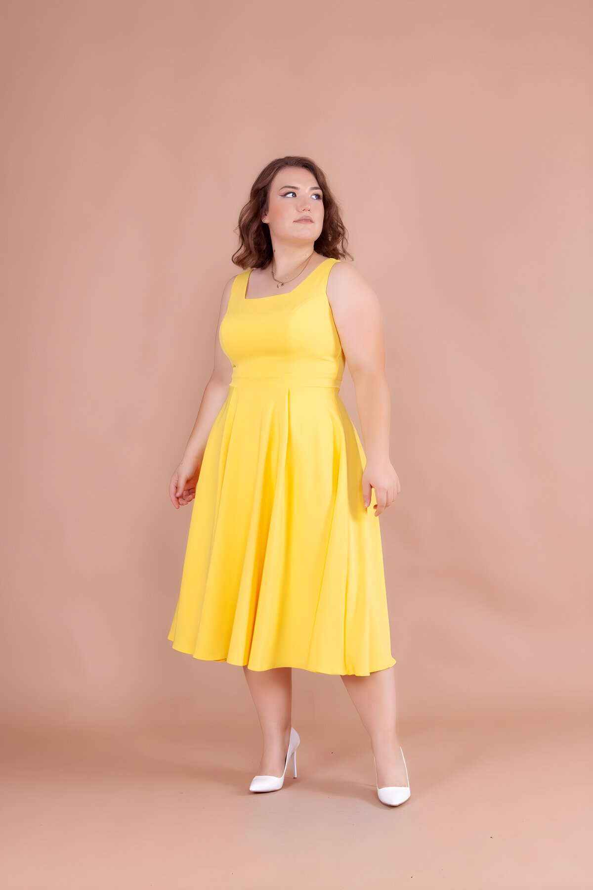 Midi Plus Size Square Neck Dress - Yellow - Bidoluelbise