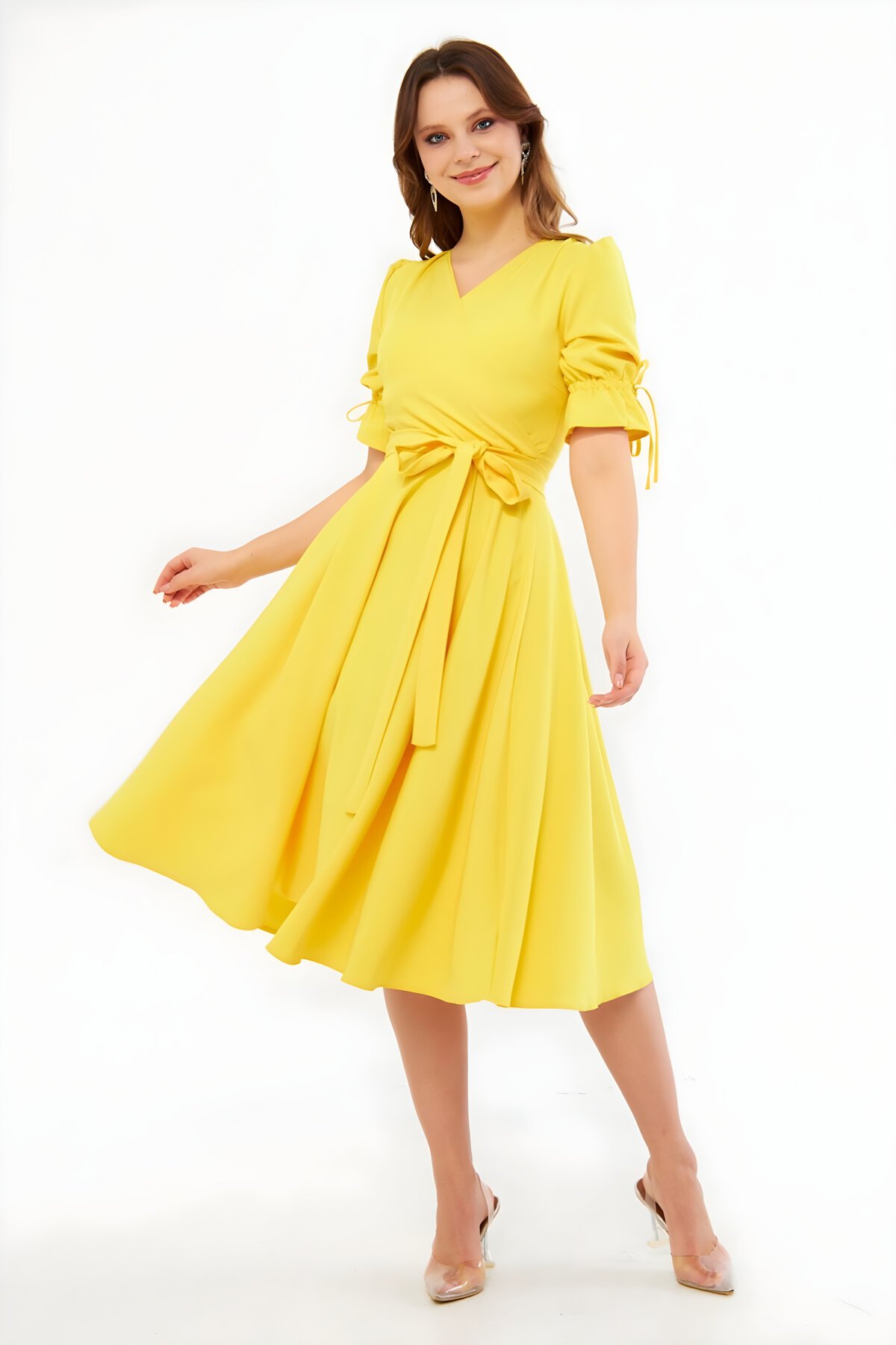 Midi Short-Sleeved Ruched Belted Wrap-Neck Dress - Yellow - Bidoluelbise