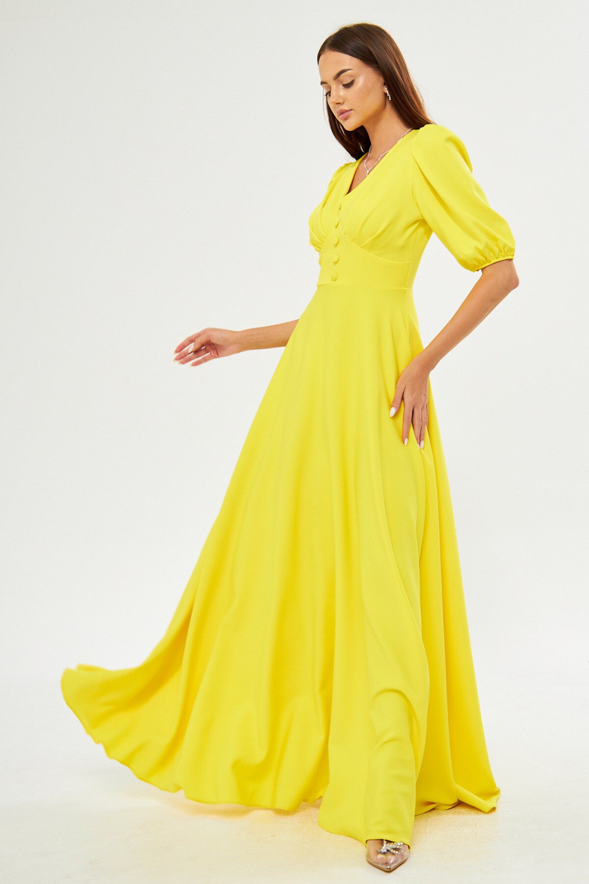 فستان سهرة طويل أصفر بأكمام بالون ياقة V - Bidoluelbise