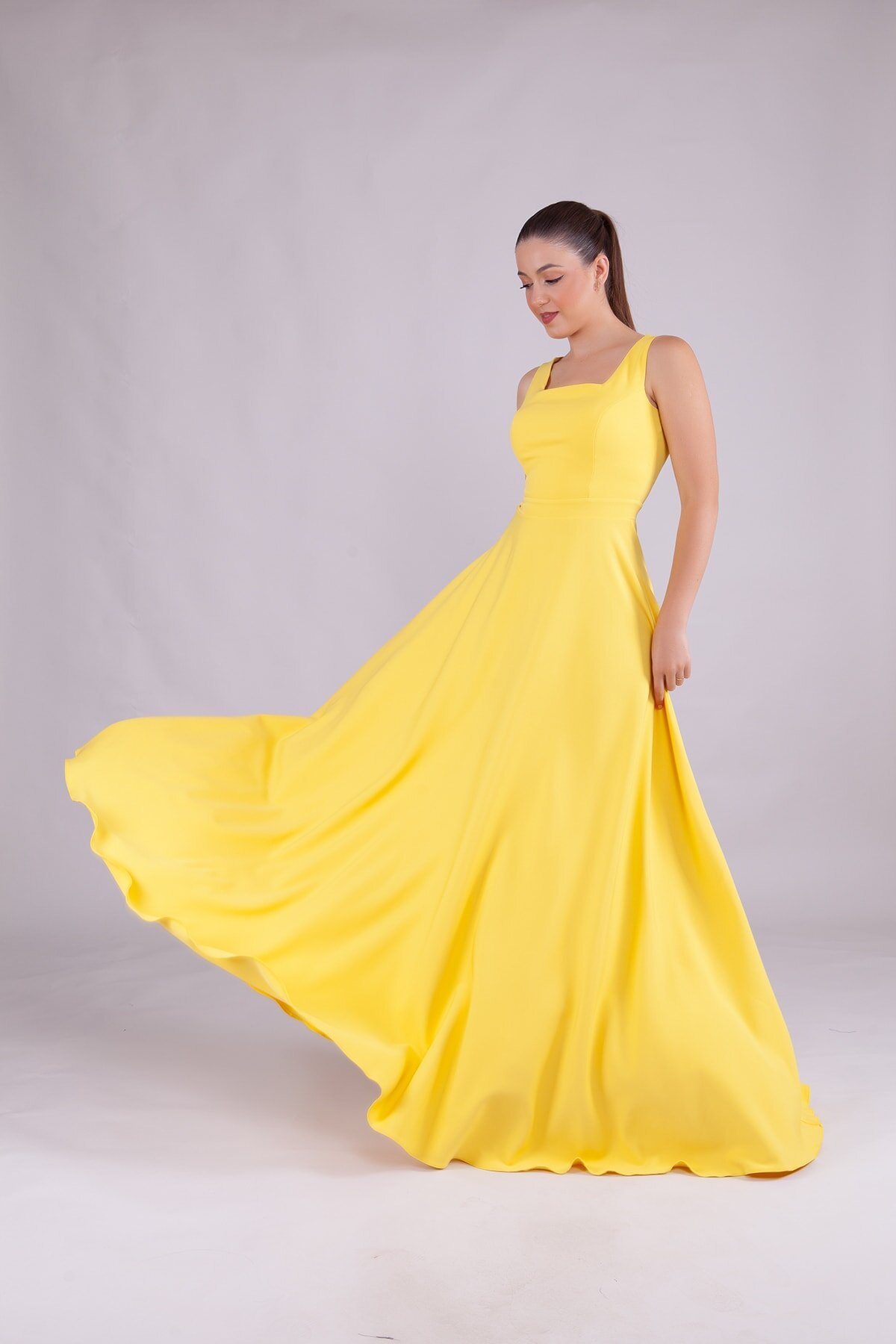 Long Square Neck Evening Dress - Yellow - Bidoluelbise