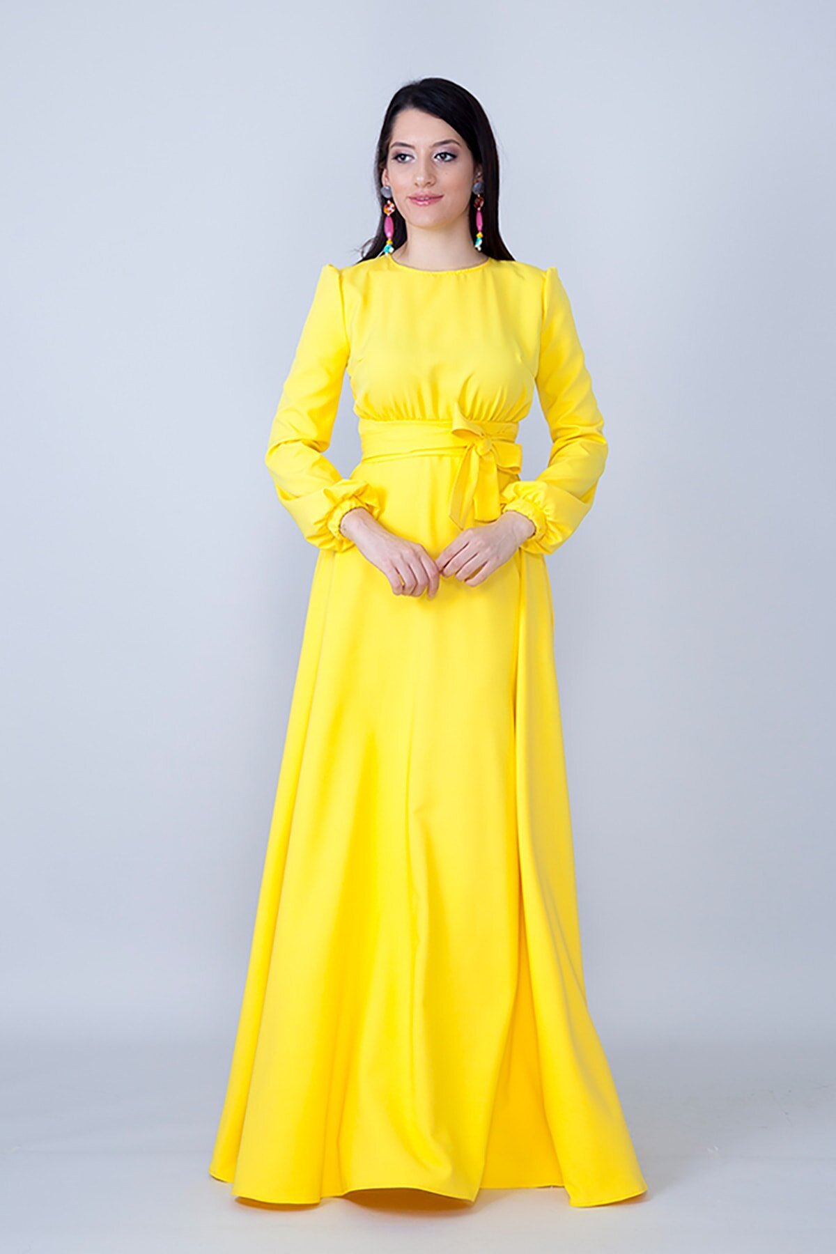 Maxi Modest Long-Sleeve Belted Shirred Waist Evening Dress - Yellow - Bidoluelbise