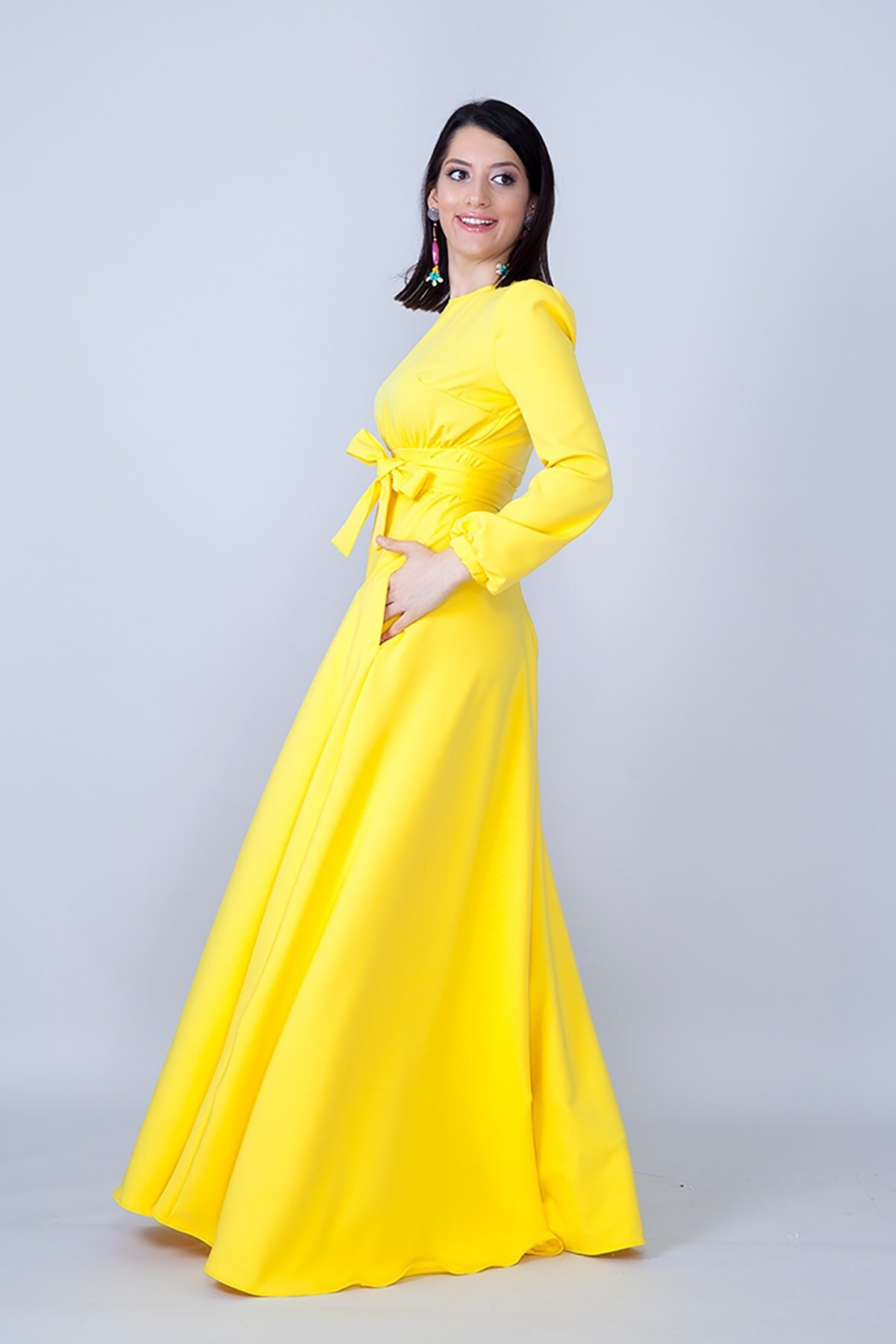 Maxi Modest Long-Sleeve Belted Shirred Waist Evening Dress - Yellow - Bidoluelbise