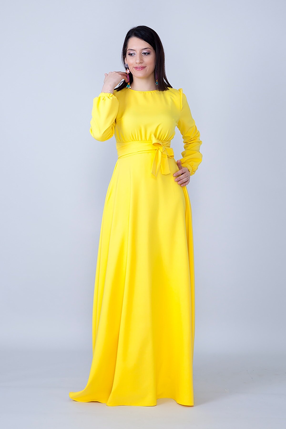 Maxi Modest Long-Sleeve Belted Shirred Waist Evening Dress - Yellow - Bidoluelbise